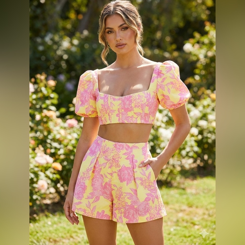 White Fox Boutique Pink and Yellow Floral Puff-Sleeve Crop Top & Shorts Set